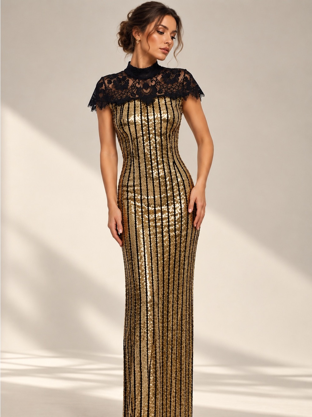 Gold Sequin Maxi Dress with Black Lace Capelet